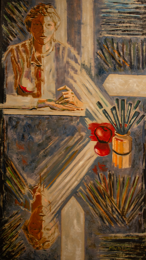 "An Artist; Her Hands, Her Reflection, A Still Life, Arrows and the Dynamic LInes of the Paint Brushes."    60"x35"  1988