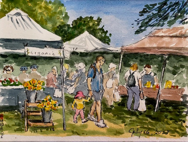 Activity at the farmers market New Edinburg Park  6"x8" Watercolour on paper