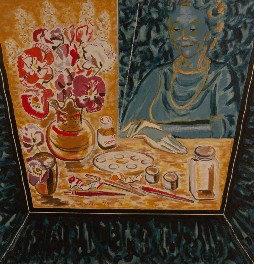 "The Sage in Blue; Colourful Flowers, Painting Things in a Partial Frame."     30"x30"  1988