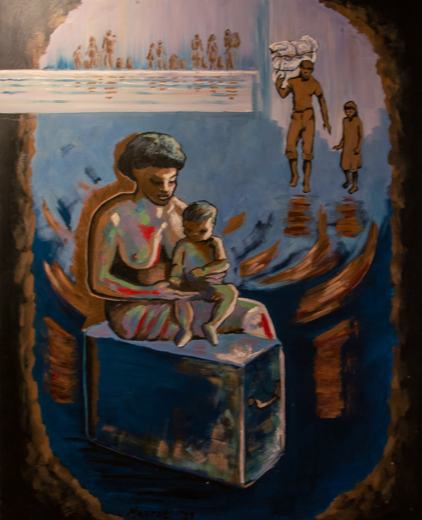 "Woman and Baby Sitting on Suitcase, Father and Daughter Arriving in background."    60"x48"   1990