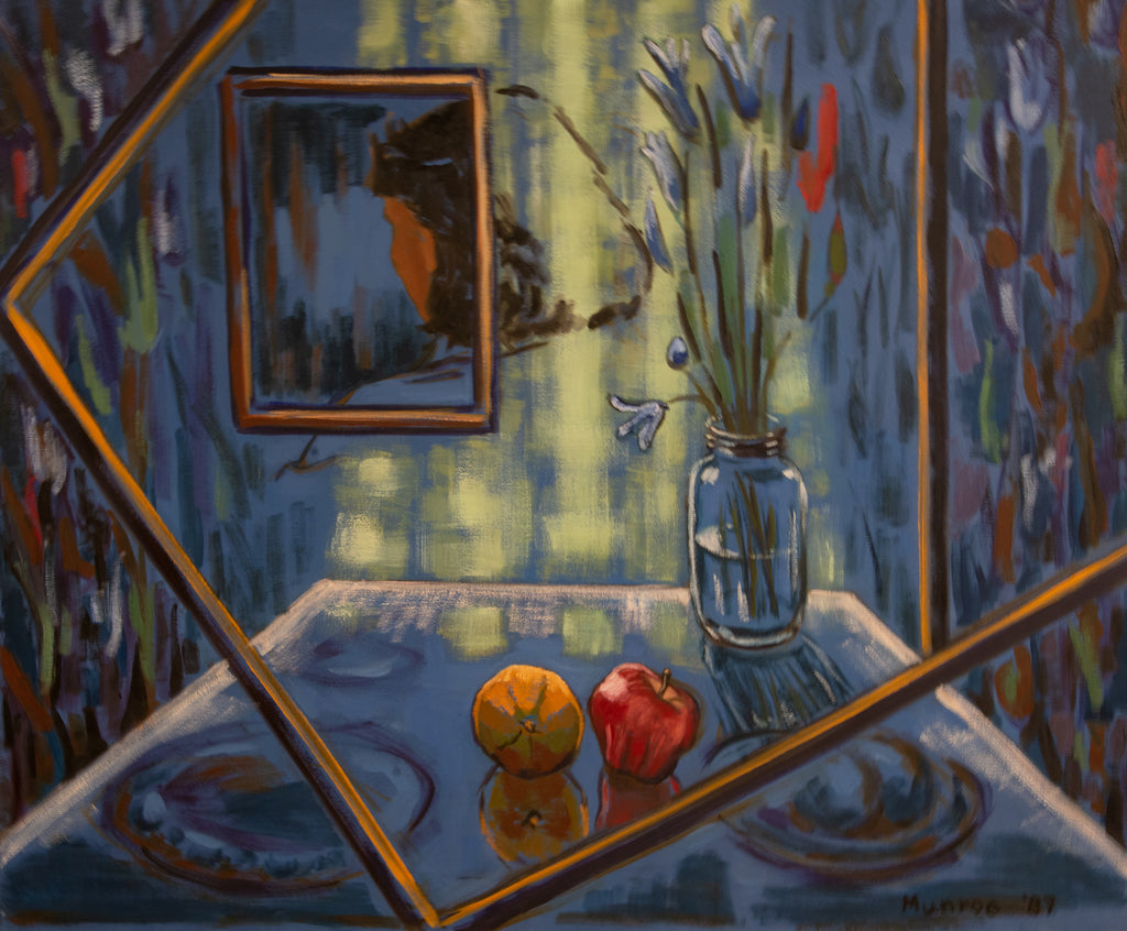 "A Table Top, Fruit, Flowers and a Woman in and out of Frames, in and out of LIght."   30"x36"  1988