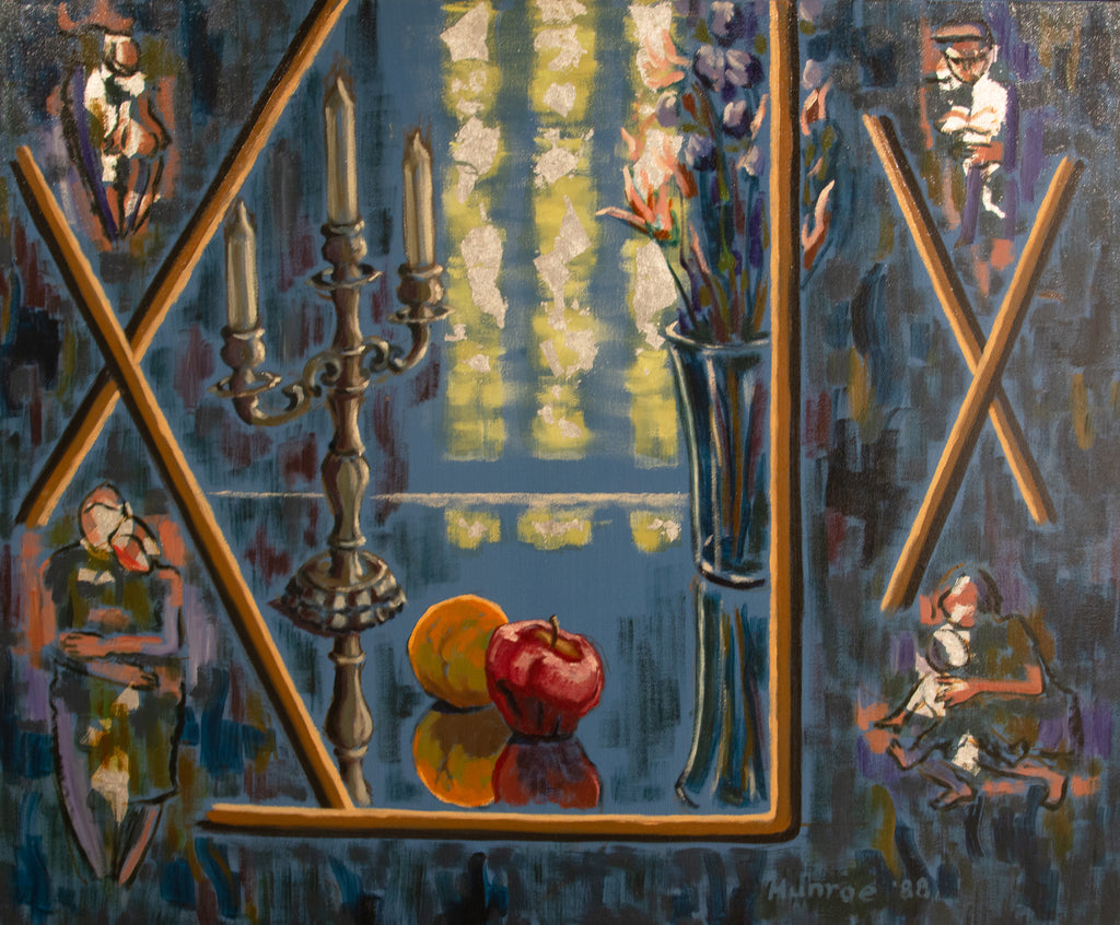 "Candelabra, Fruit and Reflections with Small Figures in Background."   30"x36"  1988