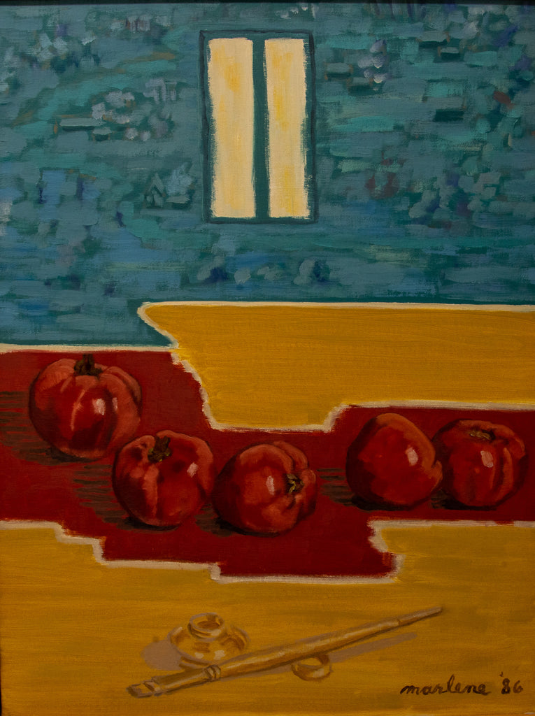 "Portrait of Five Tomatoes; Emerging From a Red Background. Painting Things and a Window."    24"x18"  1986