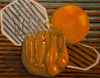 Fruit, Glasses, Oranges;  In Colour and in Camaieu Bursting Forth,  from a Geometric Background."     24"x30"   1987