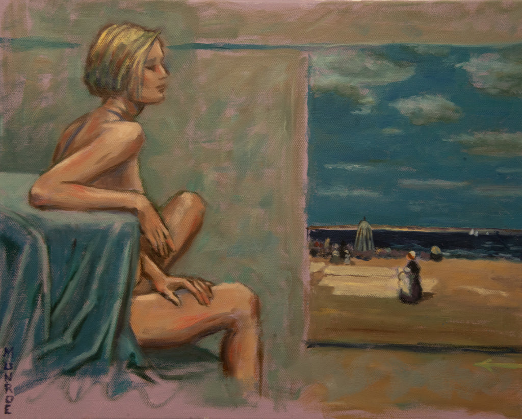 "Model Posing on Chair 2017 and Detail of a J.W. Morrice painting St Malo 1900."    16"x20"   2017