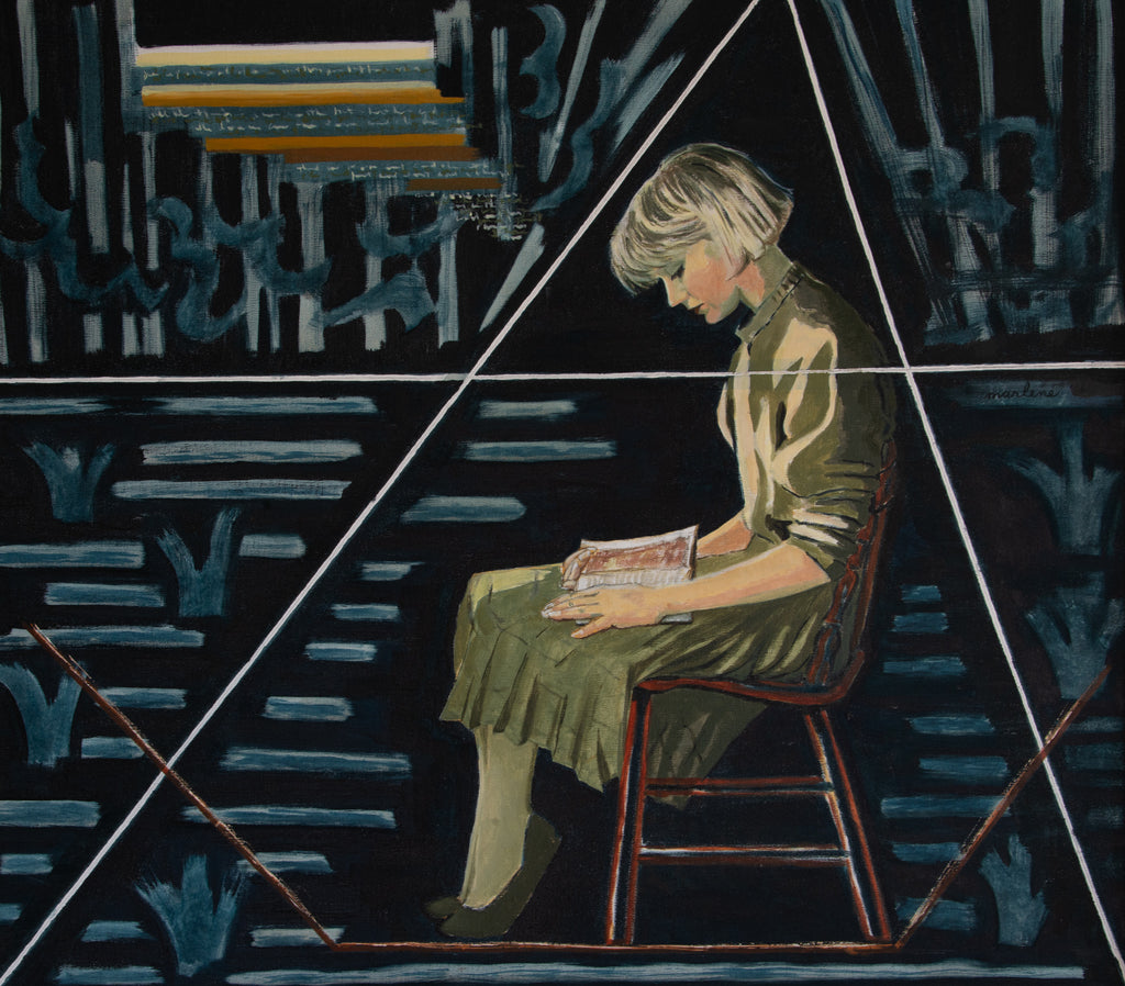"Geometrics; Girl Reading and Script Upper Left; Silent Song."  30"x34"   1982
