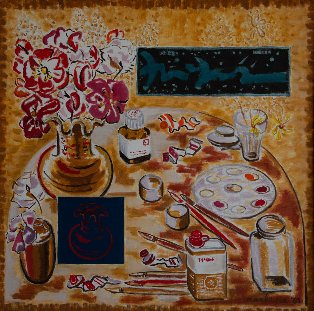 "Painting Things and Vase of Flowers in and out of a Rectangle."    25"x25"  1985