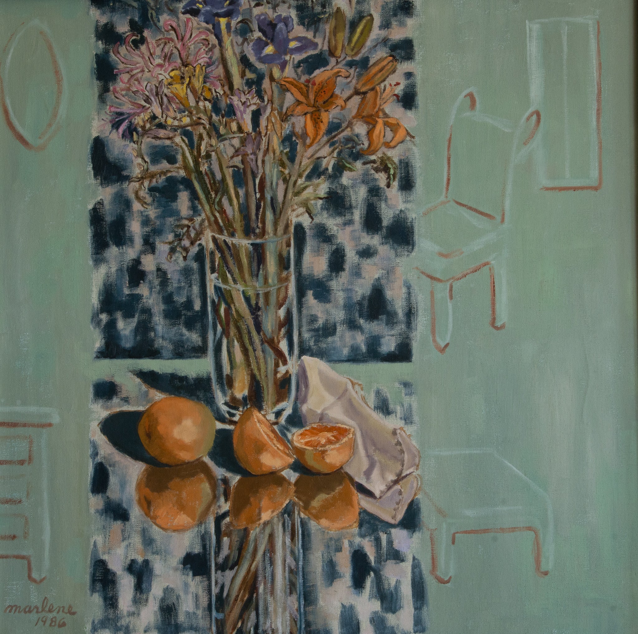 "Vase and Oranges in Vibrant Colours; Their Reflection and Sketches of Silence in Background."    25"x25"  1987